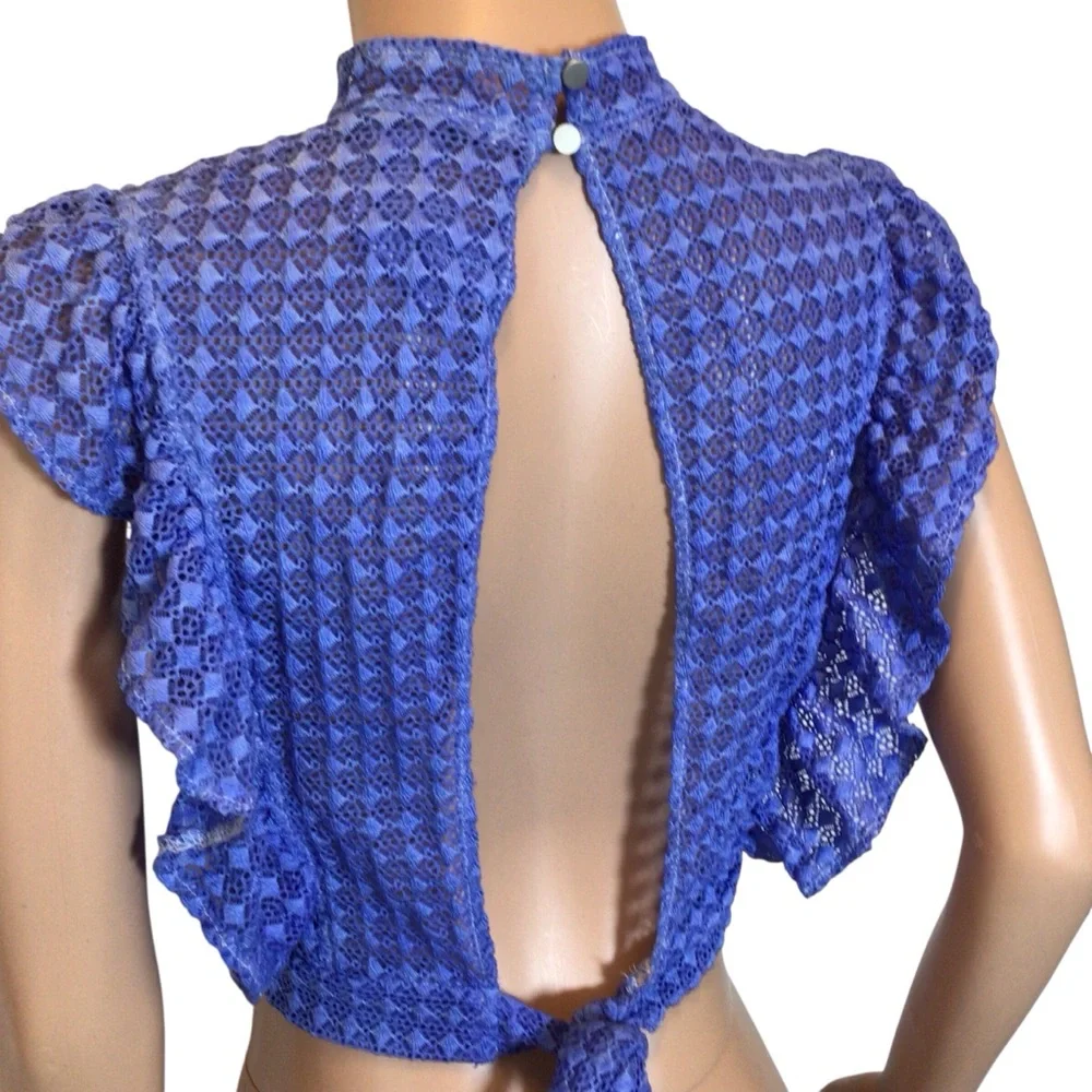 Forever 21 Lace Open Back Crop Top Blue Ruffle Sleeveless Tie Back Juniors M - Picture 4 of 8